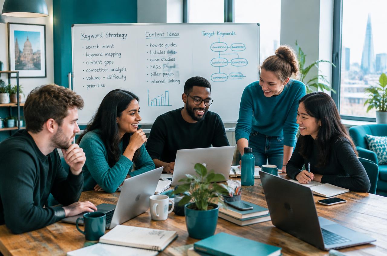 Marketing team working together around a table